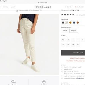 Everlane Slim Crop Pant, Regular length, Sz 0